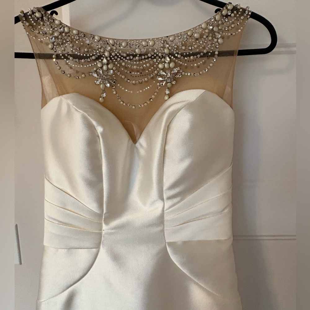 Terani Couture Ivory Satin Wedding Gown with Pearl Embellishments